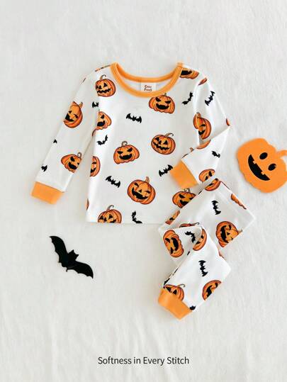 Cozy Pixies Baby Boy 2pcs Snug Fit Pajama Set, Cartoon Pumpkin Skeleton Print Sweatshirt And Elastic Waist Pants, Halloween Outfit