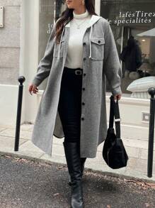 Vionelle 大码女式秋冬连帽抽绳羊毛夹克，带口袋，拼色 - 深灰色 - 查看 3