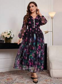 Modelyn Plus Size Elegant Floral Print Dress, Elegant Luxury Party Night Dress Autumn Winter Elegant, A Line Dresses