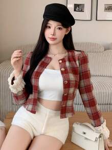 DAZY Chaqueta corta de manga larga con parches de encaje a cuadros para mujer, con volantes, ropa de otoño, ropa de vuelta al colegio