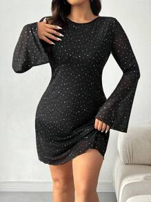 SHEIN EZwear Plus Size Rhinestone Mesh Spring/Autumn Dress - Black - View 1