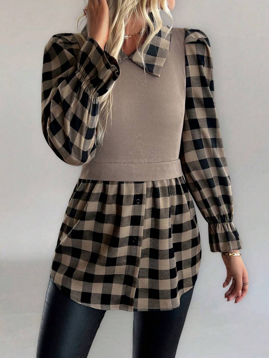 SHEIN Clasi 休闲领撞色格子长袖衬衫 - 咖啡棕 - 查看 1