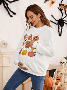 SHEIN Maternity Pumpkin Pattern Round Neck Sweatshirt Long Sleeve, Autumn, For Winter - White - View 3