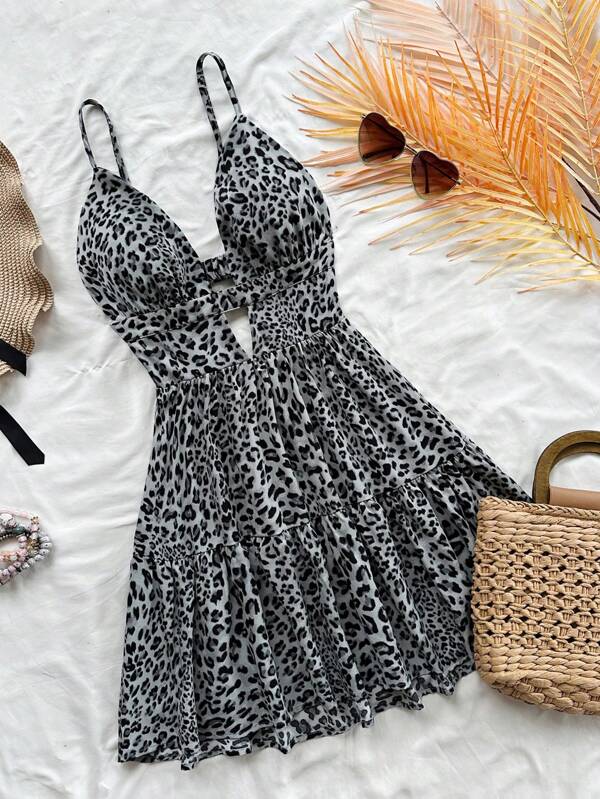 Soleia Women Vacation   Floral Fragments Layer Hem Cami Waist A Leopard Dress