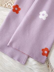 SHEIN Vintaside Kids 2 件套年轻女孩时尚休闲花卉印花开衫和阔腿裤套装，适合日常穿着，舒适柔软的材质，适合秋冬季 - 紫色 - 查看 8