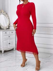 Celure Vestido suéter largo de manga larga con cuello redondo, cintura plisada y ajuste elegante de unicolor para mujeres de talla grande, para ropa de Año Nuevo
