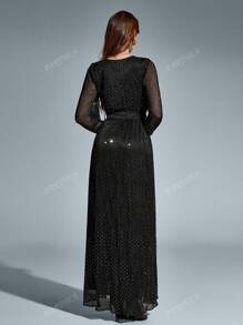 PARTHEA V-Neck Side Split Tie Ruched Round Dot Long Dress