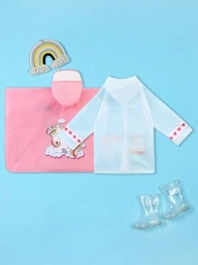 儿童可爱冰淇淋印花户外徒步雨衣，防水 - 白色 - 查看 2