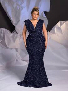 Glamrae Plus Size Elegant Women Deep V-Neck Rhinestone Chain Champagne Mermaid Evening Dress,Formal Prom Gown,Wedding Guest,Navy Blue,Spring,Party,Prom - Navy Blue - View 6