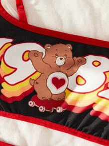 SHEIN X Care Bears Women's Contrast Trim Bear Pattern Wireless Bra And Brief Set - Black - View 9