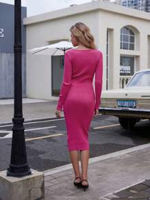 SHEIN ChicEase Đầm Maxi Ôm Sát Cổ Tròn Thắt Nút Crop Hem Gợi Cảm Ôm Sát Cơ Thể Cho Nữ - Màu Hồng Tươi - Xem 3