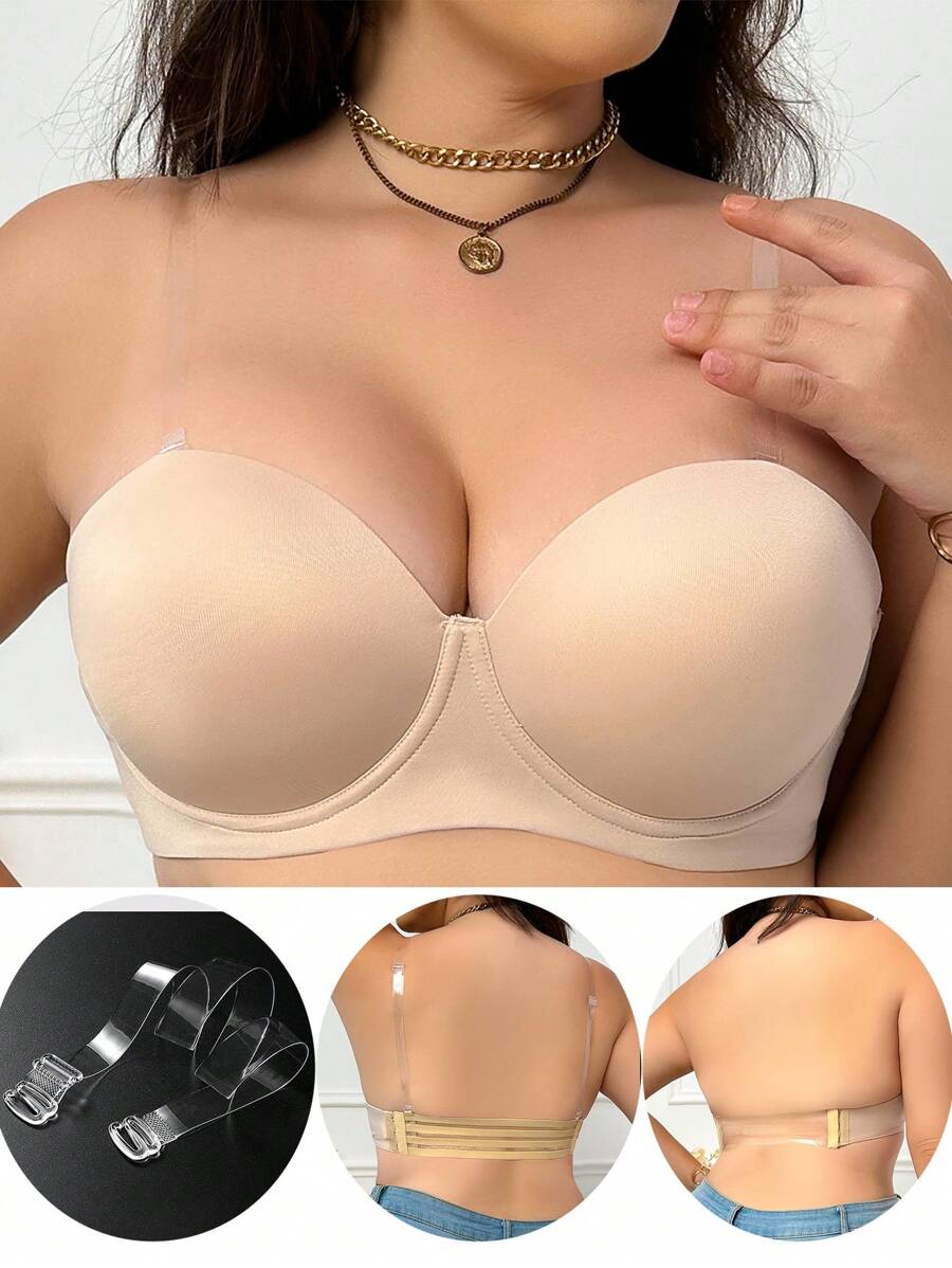Plus Size Women Solid Color Minimalist Casual Backless Bra - Apricot - View 1