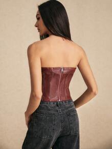 Poéselle 女士勃艮第仿皮紧身胸衣上衣，复古风格，90 年代复兴短款紧身胸衣式上衣，后拉链设计，非常适合秋季派对、万圣节和百搭秋季时尚，将复古魅力与现代风格融为一体，呈现浓郁的酒红色调。