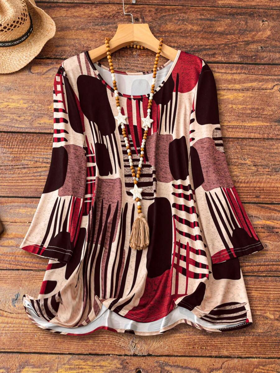 SHEIN LUNE 大码女式几何印花圆领长袖宽松休闲 T 恤 - 彩色 - 查看 1