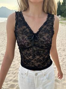 SHEIN EZwear Áo ba lỗ hở vai cổ chữ V ren đen đơn giản cho nữ - màu đen - Xem 6