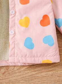 Girls Heart Pattern Hooded Lined Mid-Length Jacket, Fall/Winter Outerwear - Pink - View 3