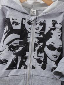 2pcs Baby Girls Street Fashion Print Hoodie Jacket And Pants Set - Grey - View 5