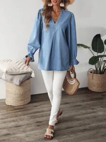 SHEIN LUNE Women's V-Neck Long Sleeve Casual Denim Top - Blue - View 4