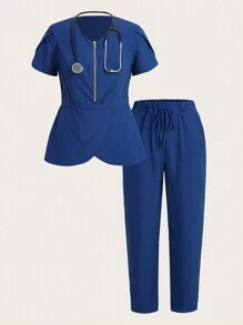 TaskEZ 2pcs Set Of Solid Color Front Zipper Short Sleeve Top And Front Tie Pants Uniform Scrub Set - Navy Blue - View 10