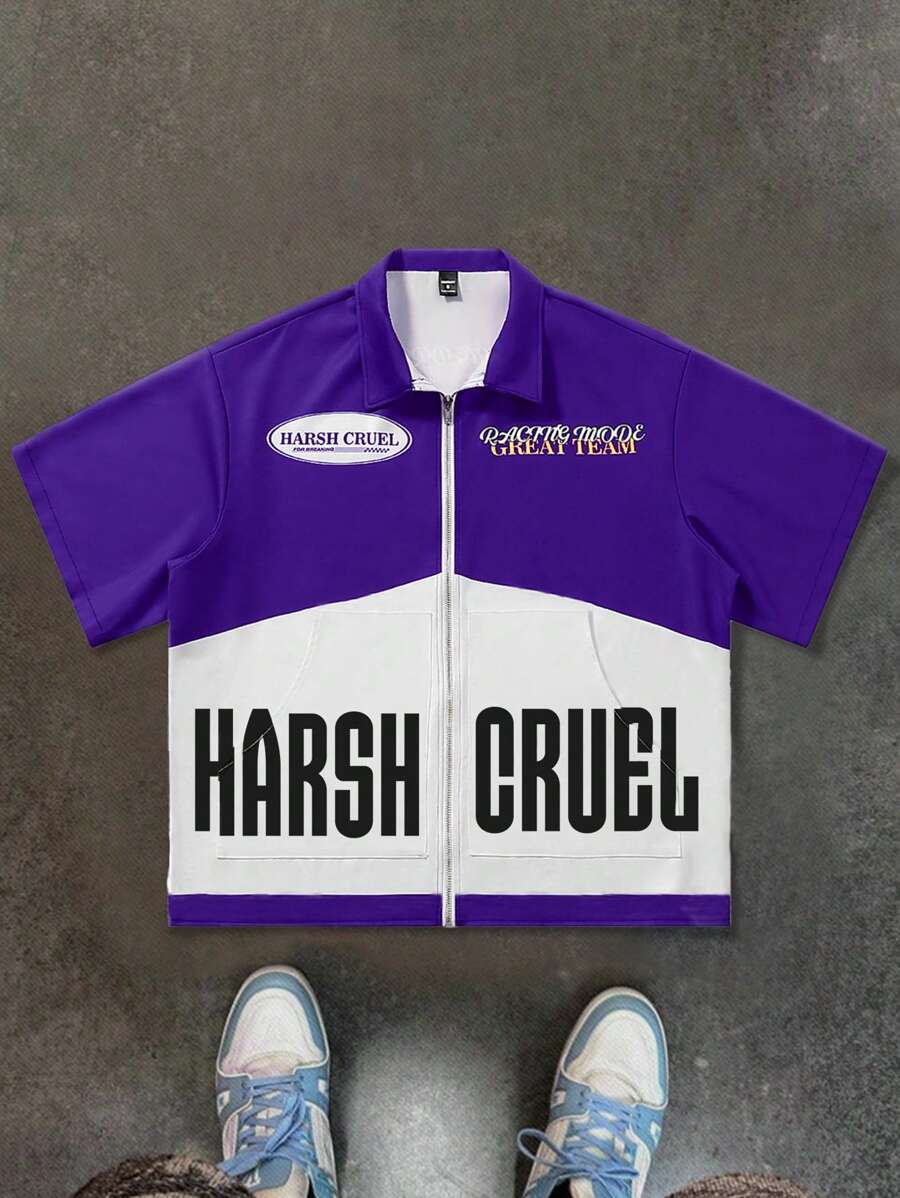 Manfinity EMRG 男士夏季休闲撞色拼接字母印花衬衫 - 彩色 - 查看 1