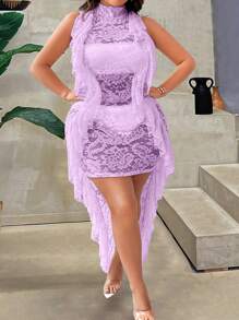 Allurite 大码夏季性感透明蕾丝荷叶边修身连衣裙