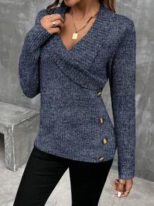 SHEIN LUNE Mixed Fiber Fashion Wrap Sweater, Long Sleeve Tops, Knit Pullover Fall Winter - Blue - View 4