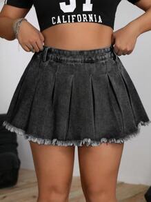 SHEIN ICON 大码夏季休闲褶皱流苏牛仔半身裙 - 灰色 - 查看 6