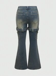 ROMWE Fairycore Jeans de pierna acampanada con diseño de bolsillos utilitarios para mujer - Azul - Ver 2
