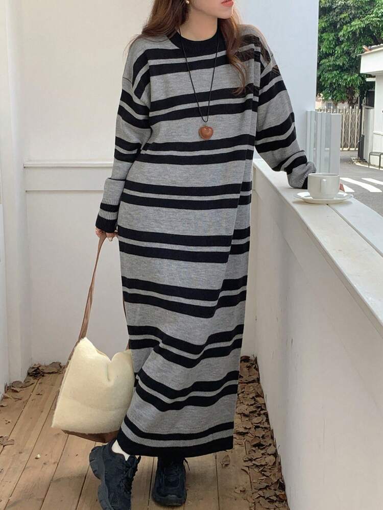 Women's Casual Loose Fit Round Neck Long Sleeve Striped Sweater Dress, Fall/Winter