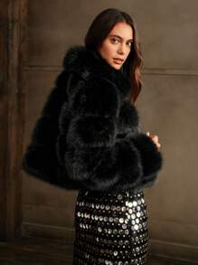 SHEIN X Phaith Montoya Anewsta Autumn Winter New Arrival Elegant Lady Faux Fox Fur Jacket, Fashionable Fur Coat For Women - Black - View 4