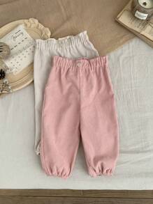 SHEIN LMoss Kids LMoss 2 件套女婴灯芯绒松紧腰带裤子，粉色和米色，适合秋冬季 - 彩色 - 查看 3