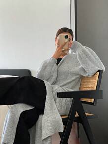 Siren Gaze Solid Grå Drop Shoulder Långärmad Lös Lång Casual Varm Lång Cardigan Tröja För Höst Och Vinter,Grå Casual Outfit,Business Casual Kvinnor,Vinterkläder,Vinter Kvinnor Tröja ,Höst Kvinnor Outfits,Dam Tröjor,Hemkomst,Lång cardigan Tröja,Solid Open Löst stickad kofta fram, Casual långärmad lång tröja, dam Kläder, långärmade toppar - Grå - Visa 3