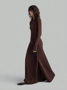 Ontre Damen Langarmkleid, braun, Rundhalsausschnitt, hoher Schlitzausschnitt am Saum, elegantes, hochwertiges, dehnbares Strickkleid