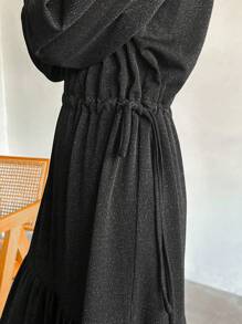FRIFUL Women's Plain Crew Neck Long Sleeve Pleated Simple Casual Dress,Ruffle,Fall Clothes Maxi Dress - Black - View 8