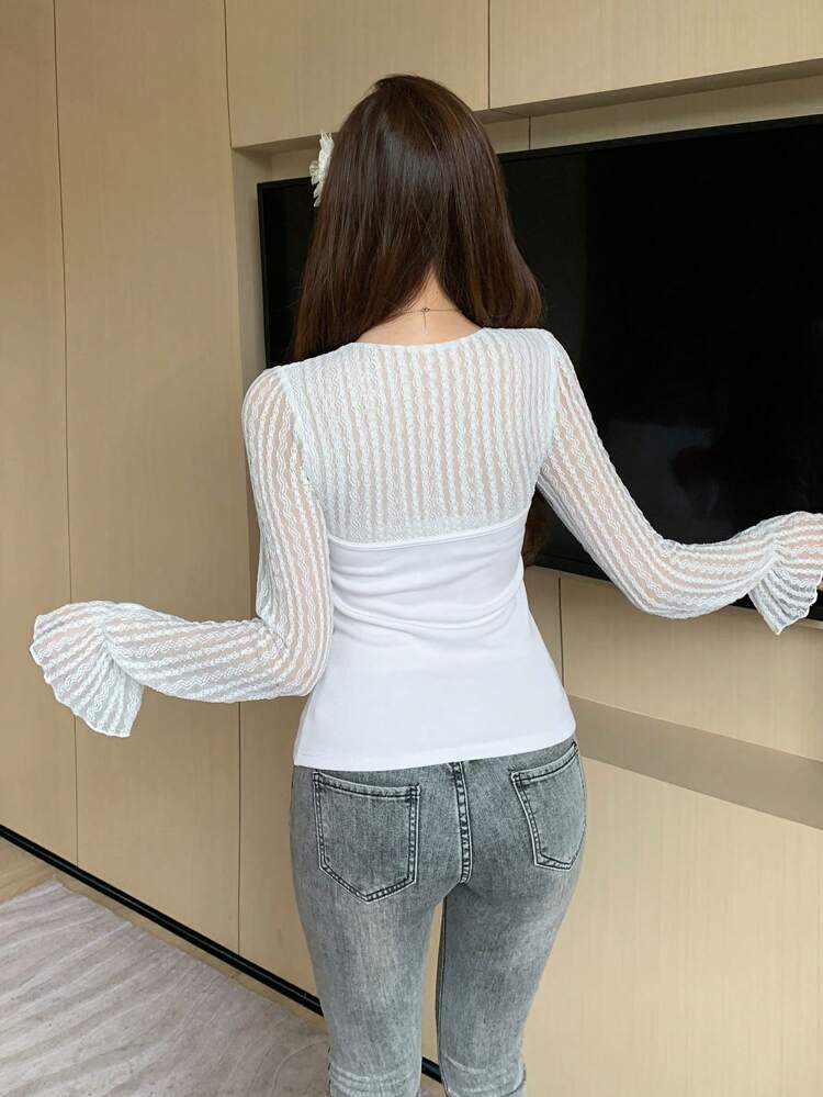 Women's Spring & Summer Sweet Collar Long Sleeve Contrast Lace Top,Ruffle