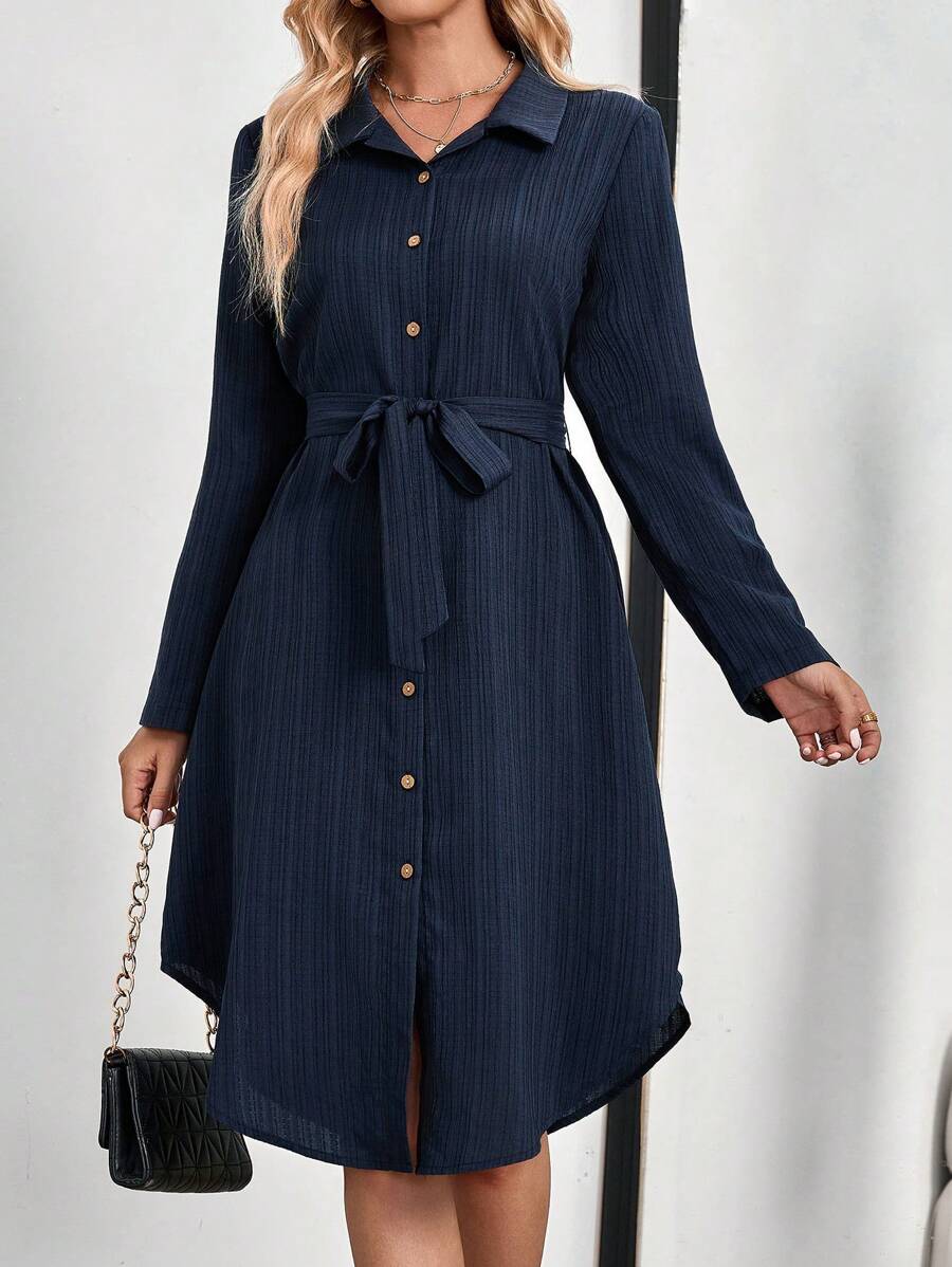 EMERY ROSE Women's Shirt Style Long Sleeve Dresses For Women Elegant - Navy Blue - View 1
