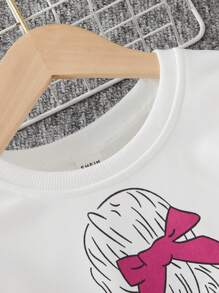 SHEIN Tween Girl 2 件套：长袖卡通印花运动衫和单排扣长裙，春秋 - 玫紅色 - 查看 4