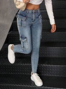 SHEIN Teen Girl's Casual Stretch Jeans, Blue Washed Jeans - Medium Wash - View 5