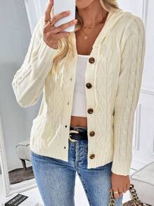 Chiquease 女式长袖连帽抽绳纽扣纹理设计时尚开衫 - 米色 - 查看 4