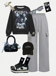 SHEIN 2 件套 Tween 女童时尚肖像图案运动衫和工装裤套装 - 黑色 - 查看 1