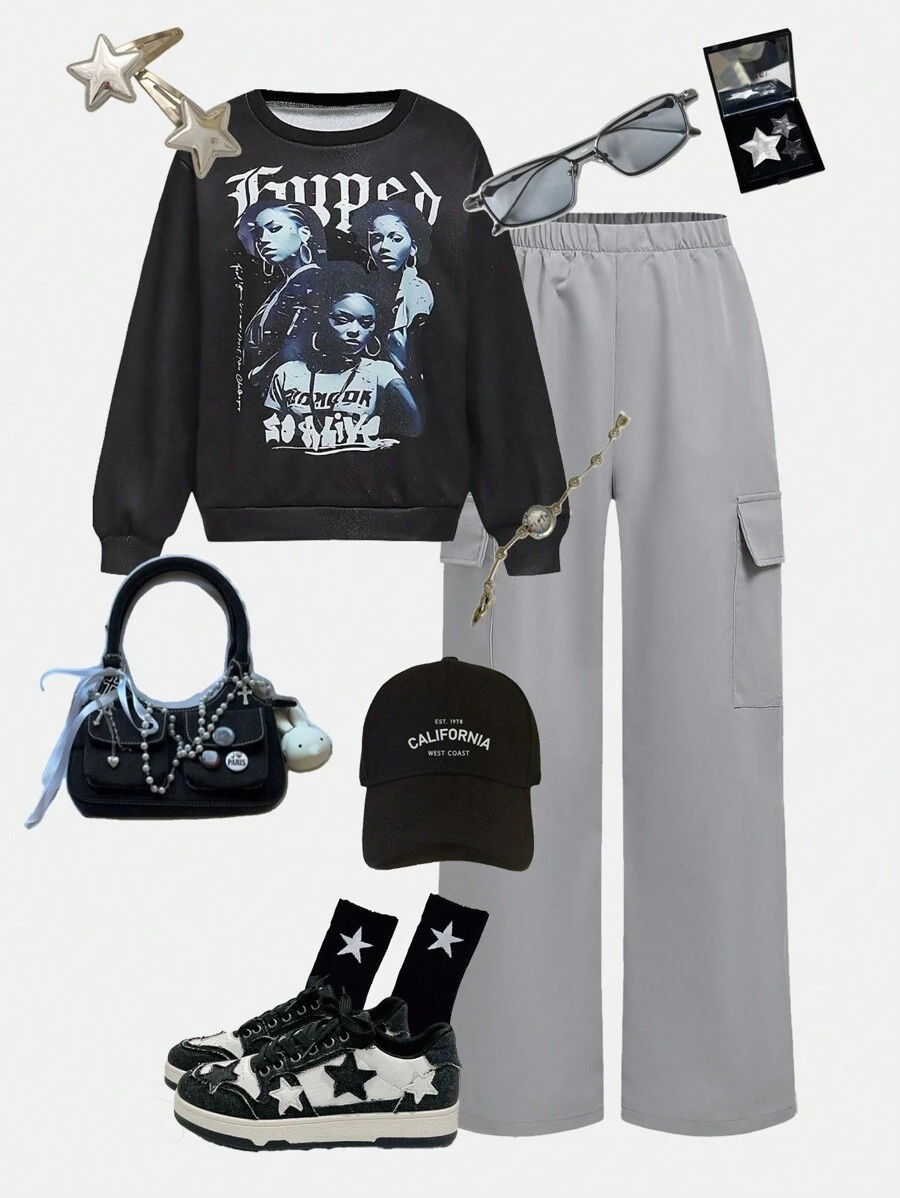 SHEIN 2 件套 Tween 女童时尚肖像图案运动衫和工装裤套装 - 黑色 - 查看 1