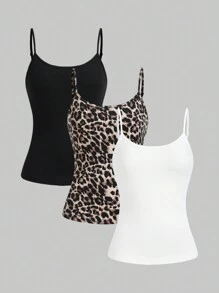 SHEIN Essnce Conjunto de 3 trajes de mujer que incluye: chaleco de traje de mujer, abrigo base de otoño con estampado de leopardo, top de tirantes espagueti negro, top de tirantes espagueti blanco. Estos tops de tirantes espagueti se pueden usar por dentro. Ropa de otoño para mujer con estampado de leopardo y tops de tirantes espagueti. Ropa de otoño para mujer talla grande con atuendos de Halloween.