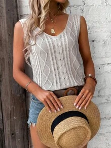 SHEIN PETITE Solid V-Neck Cable Knit Sweater Vest - Camel - View 4