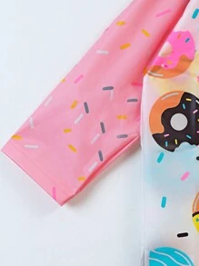 Girls' Cute Donut Printed Hooded Outdoor Raincoat For School & Play, Waterproof & Rain Resistance