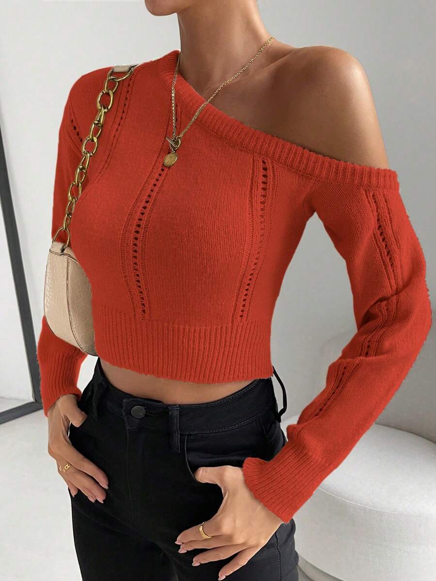 Chiquease Casual Solid Asymmetric Shoulder Cropped Sweater, Spring & Fall, Knit Pullover Fall Winter - Orange - View 1