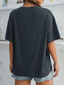 INAWLY 休闲度假风格字母图案，落肩圆领复古灰色 T 恤，休闲短袖返校季图案 T 恤女式上衣