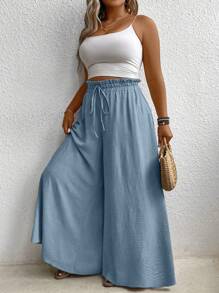 SHEIN LUNE Pantalones palazzo sueltos de unicolor talla grande - Celeste - Ver 4