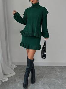 Chiquease 2 pièces/Set Pull à col montant en tricot torsadé élégant et jupe à volants taille haute, tenue d'hiver chic - Vert sapin - Voir 3