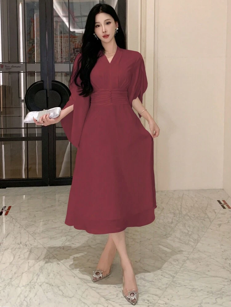 Solid V-Neck Pleated Chiffon Mid-Length Dress For Women, Birthday ,New Year Eve Prom Dress,Fall Clothes Long Sleeve Dress Red Women Dresses Elegant Women Dresses