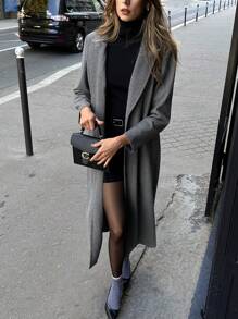 Pariaura 女士休闲翻领人字纹长款大衣秋季 - 黑色 - 查看 1